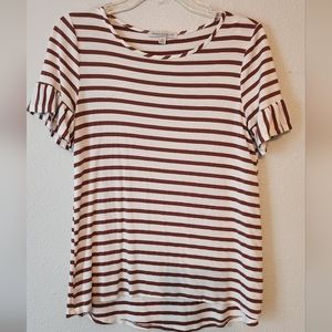 🔥Brown and White striped dressy short sleeve tshirt with ruffle sleeves size XS